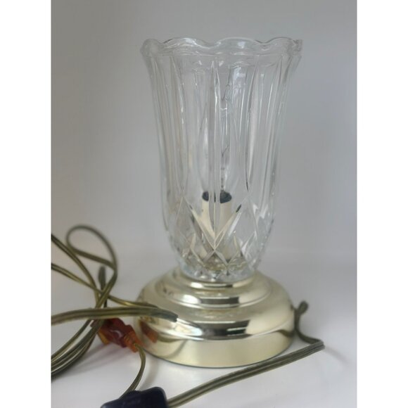Vintage 1980s Heyco 8.25" Diamond Cut Glass Lamp Clear & Gold Retro Table Decor - Picture 1 of 8